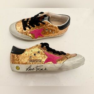 NEVER WORN Golden Goose Women's Sequin Gold and Pink Sneakers